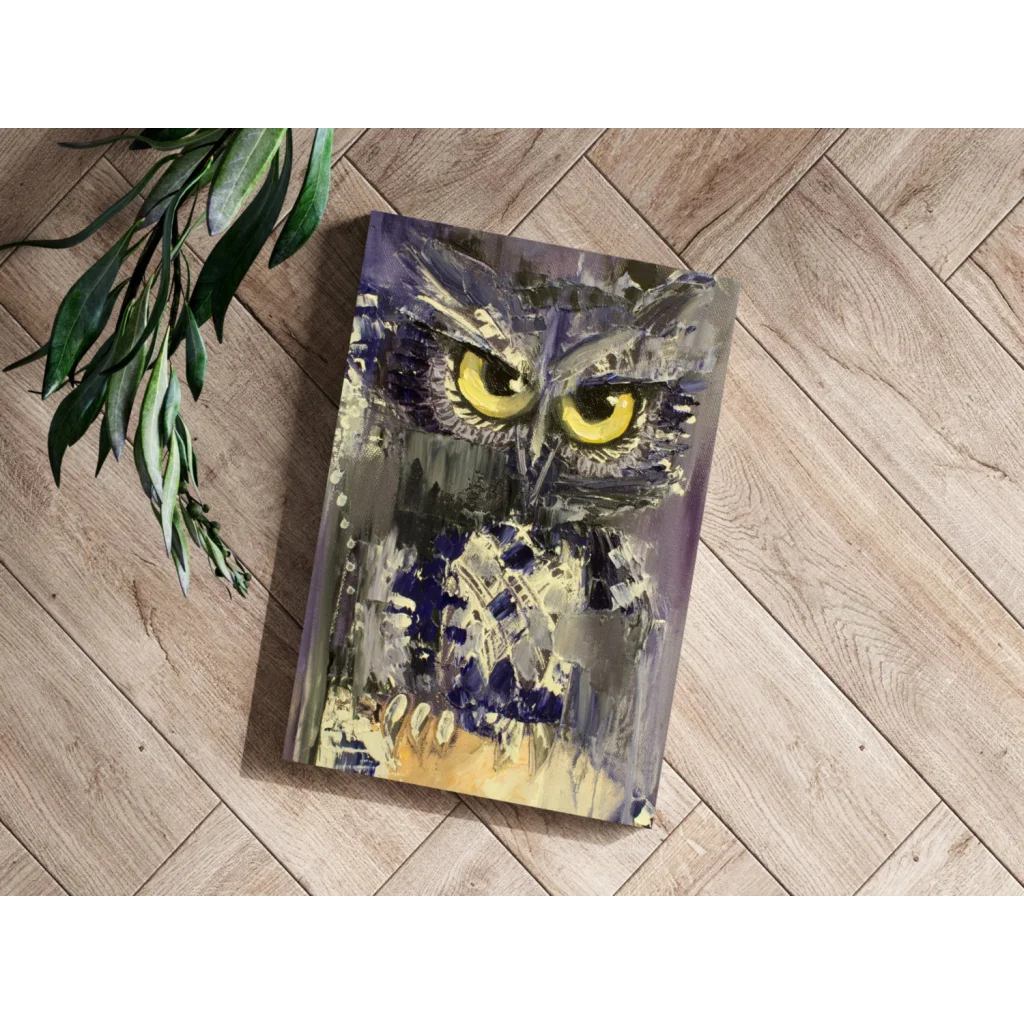 Stylized owl on mesmerizing insigne aluminum prints with vivid yellow eyes