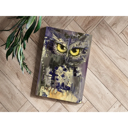 Stylized owl on mesmerizing insigne aluminum prints with vivid yellow eyes
