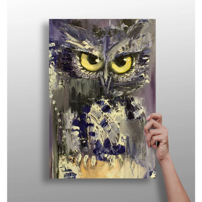 Stylized owl insigne aluminum print with vivid yellow eyes