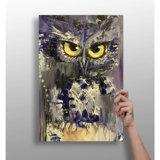 Stylized owl insigne aluminum print with vivid yellow eyes