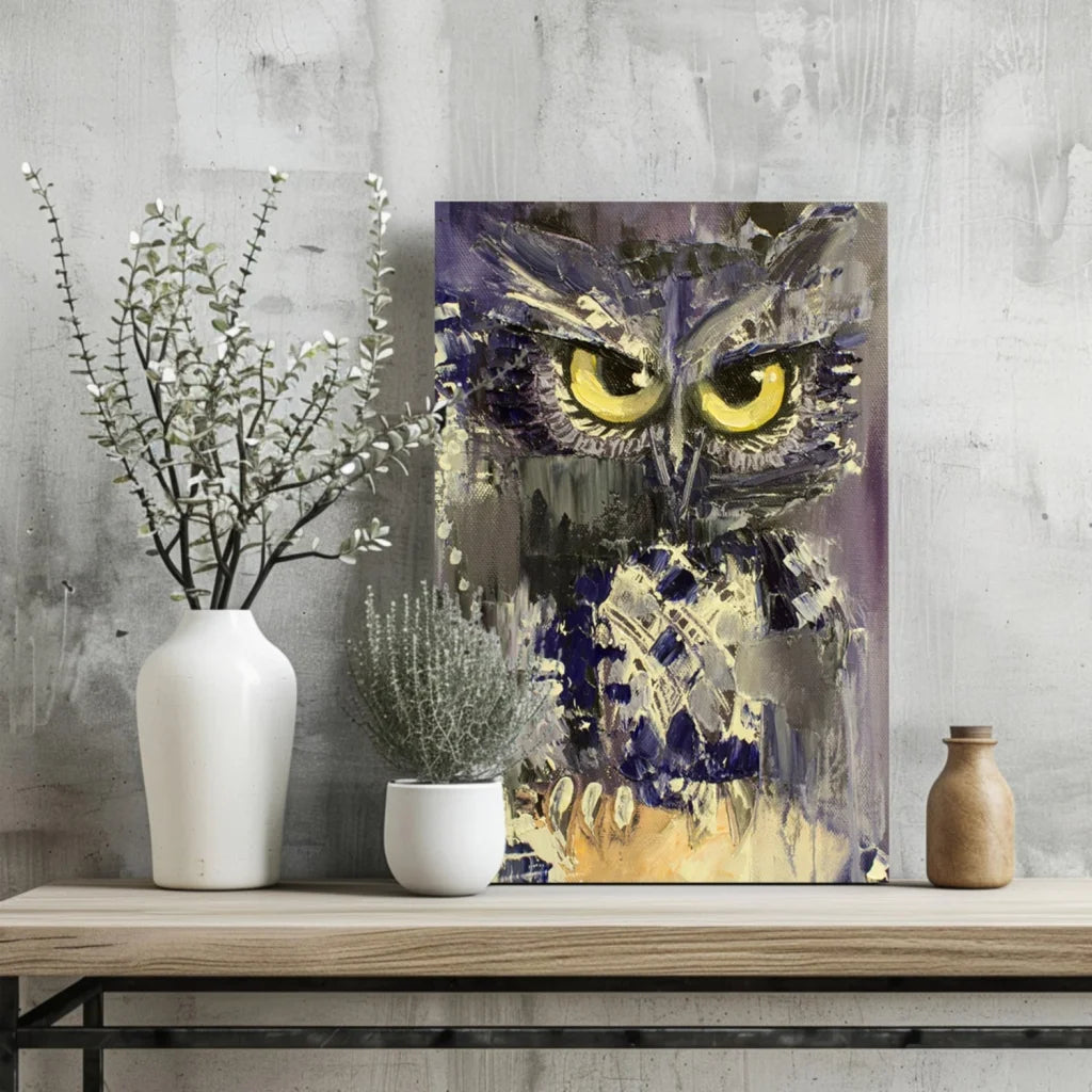 Striking abstract owl with vivid yellow eyes on insigne aluminum prints