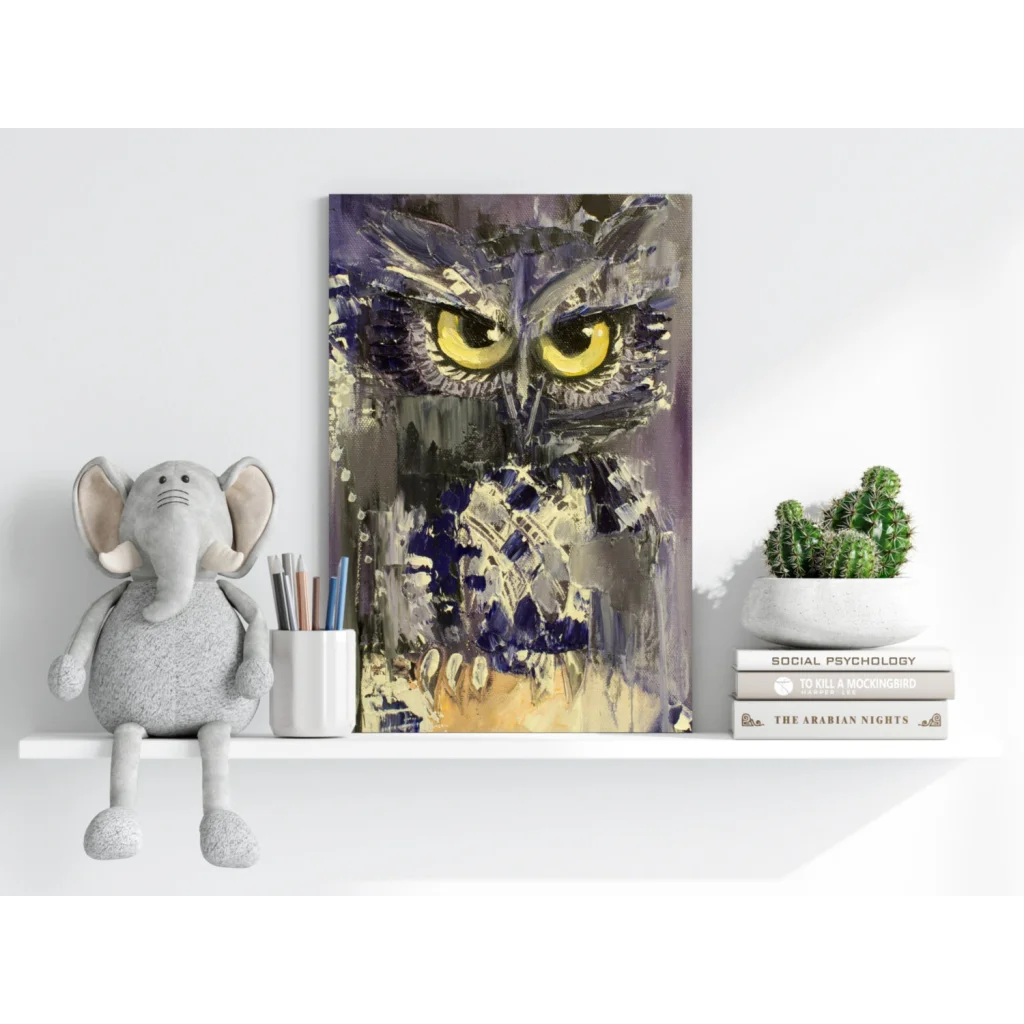Textured owl painting on insigne aluminum prints with vivid yellow eyes