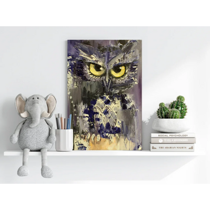 Textured owl painting on insigne aluminum prints with vivid yellow eyes