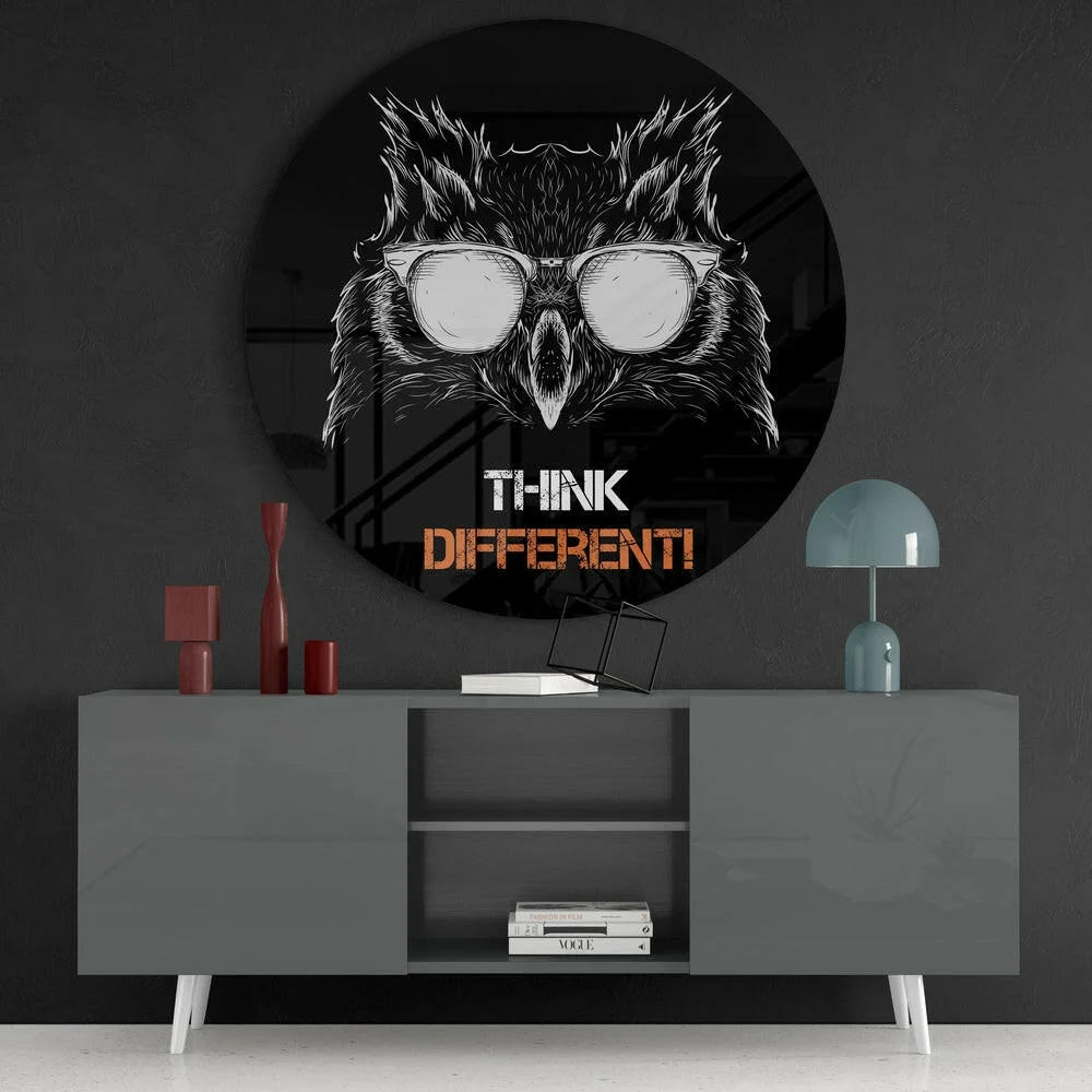 Owl in glasses on black tempered glass art with vibrant colors and think different text