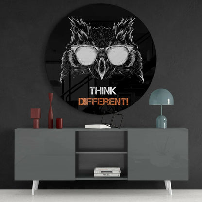 Owl in glasses on black tempered glass art with vibrant colors and think different text