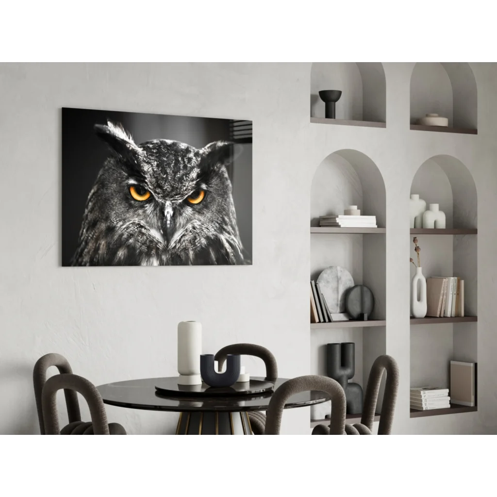 Stunning owl tempered glass art with vibrant orange eyes close-up