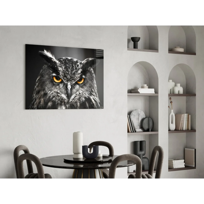 Stunning owl tempered glass art with vibrant orange eyes close-up