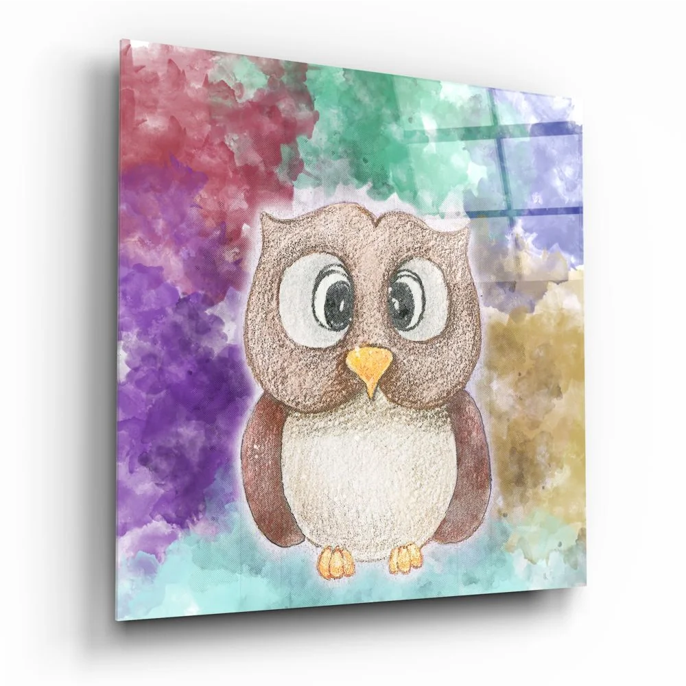 Charming watercolor owl on glass wall art panel with expressive eyes
