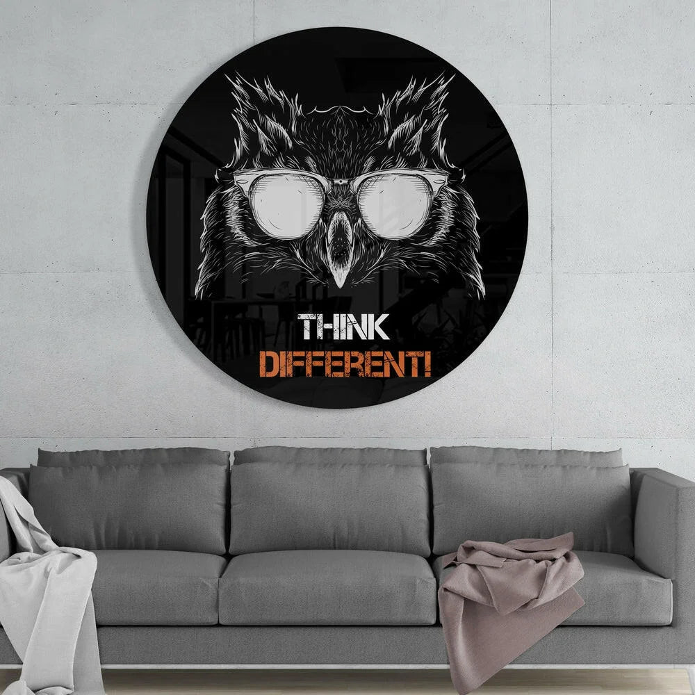 Owl in glasses on black tempered glass art with vibrant colors and think different text