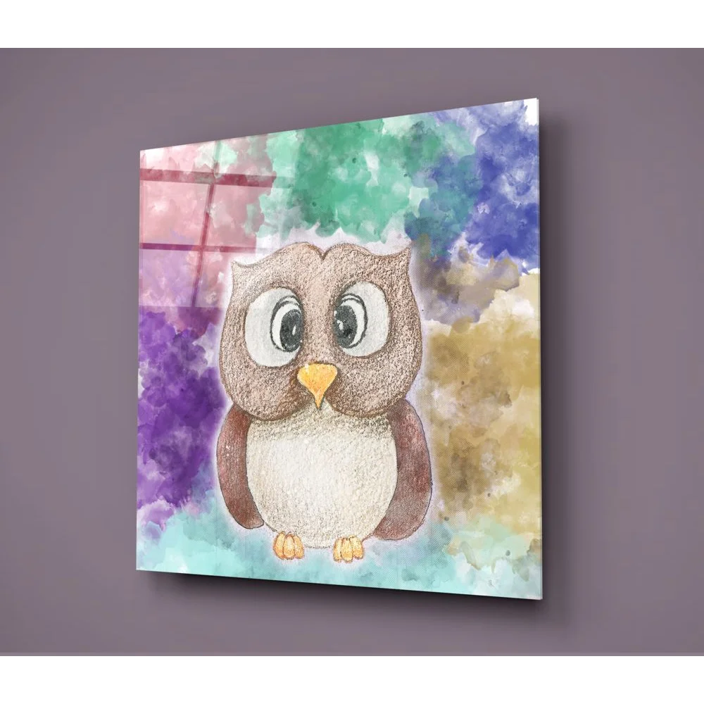 Cute brown and cream watercolor owl on square glass wall art panel