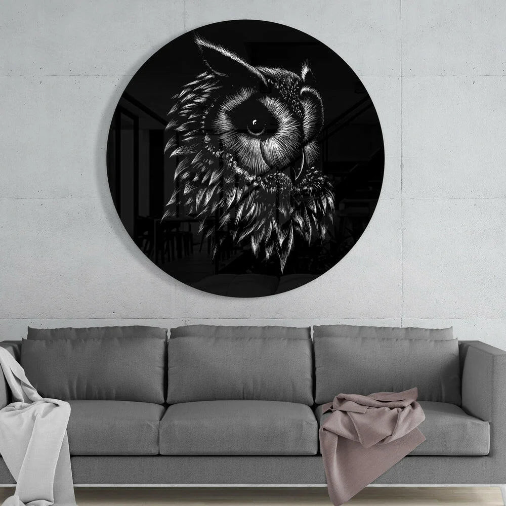 Stunning owl tempered glass art clock with intricate black feathers