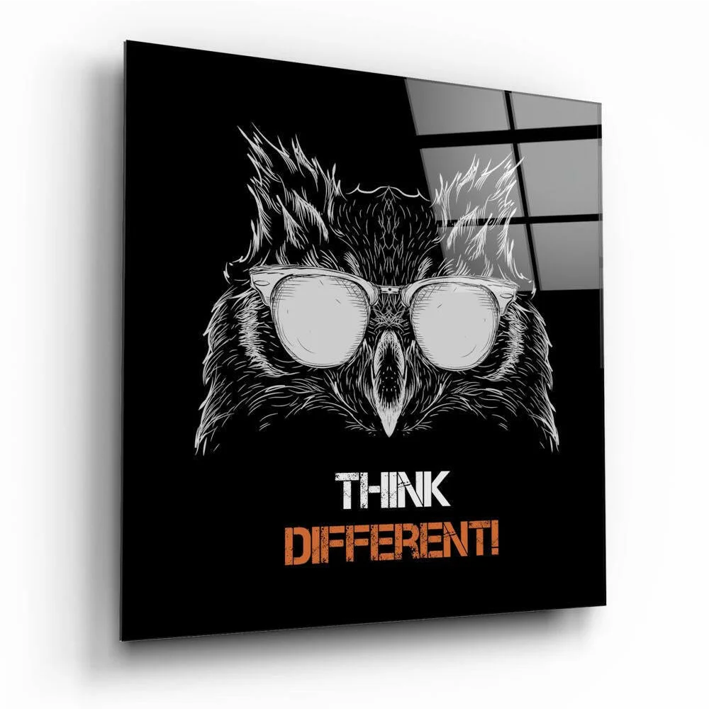 Wise owl in sunglasses on black glass wall art with think different text
