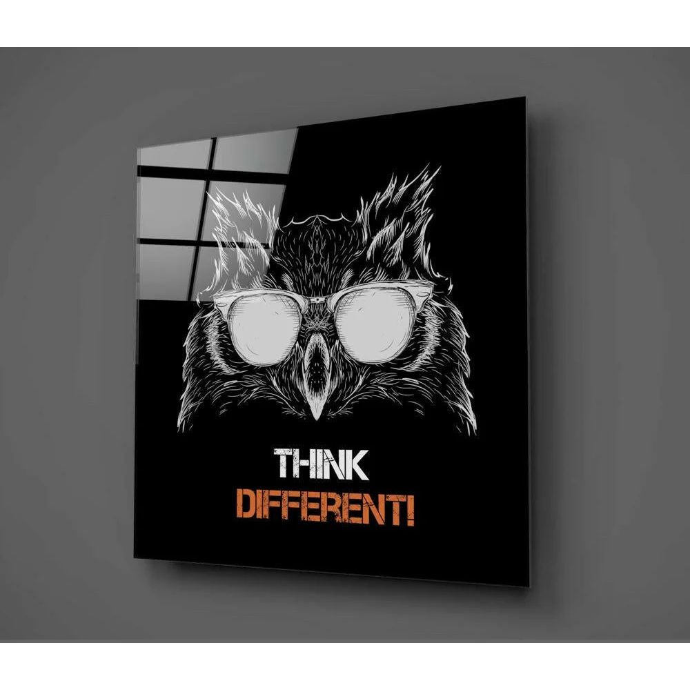Wise owl in sunglasses on black glass wall art with think different text