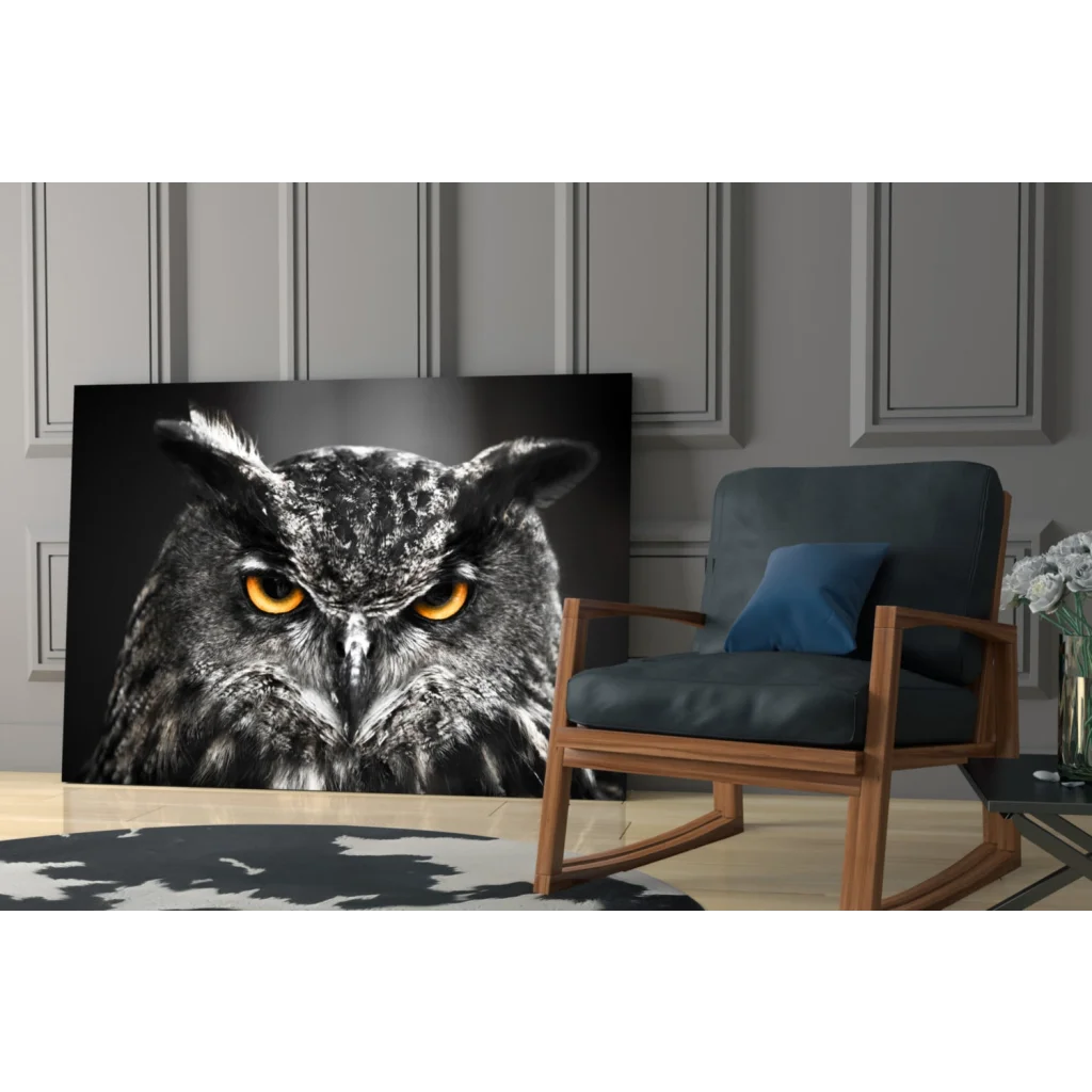Stunning owl tempered glass art with vibrant orange eyes