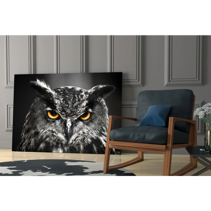 Stunning owl tempered glass art with vibrant orange eyes