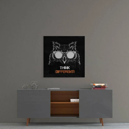 Stylized white owl in glasses on black canvas for wise owl glass wall art with think different message