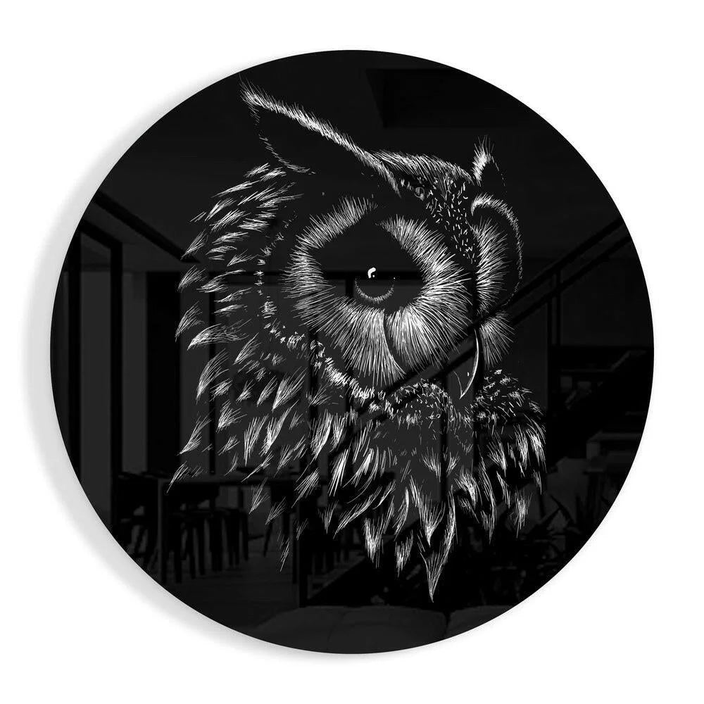 Stunning owl tempered glass art clock with black frame and white line-art design