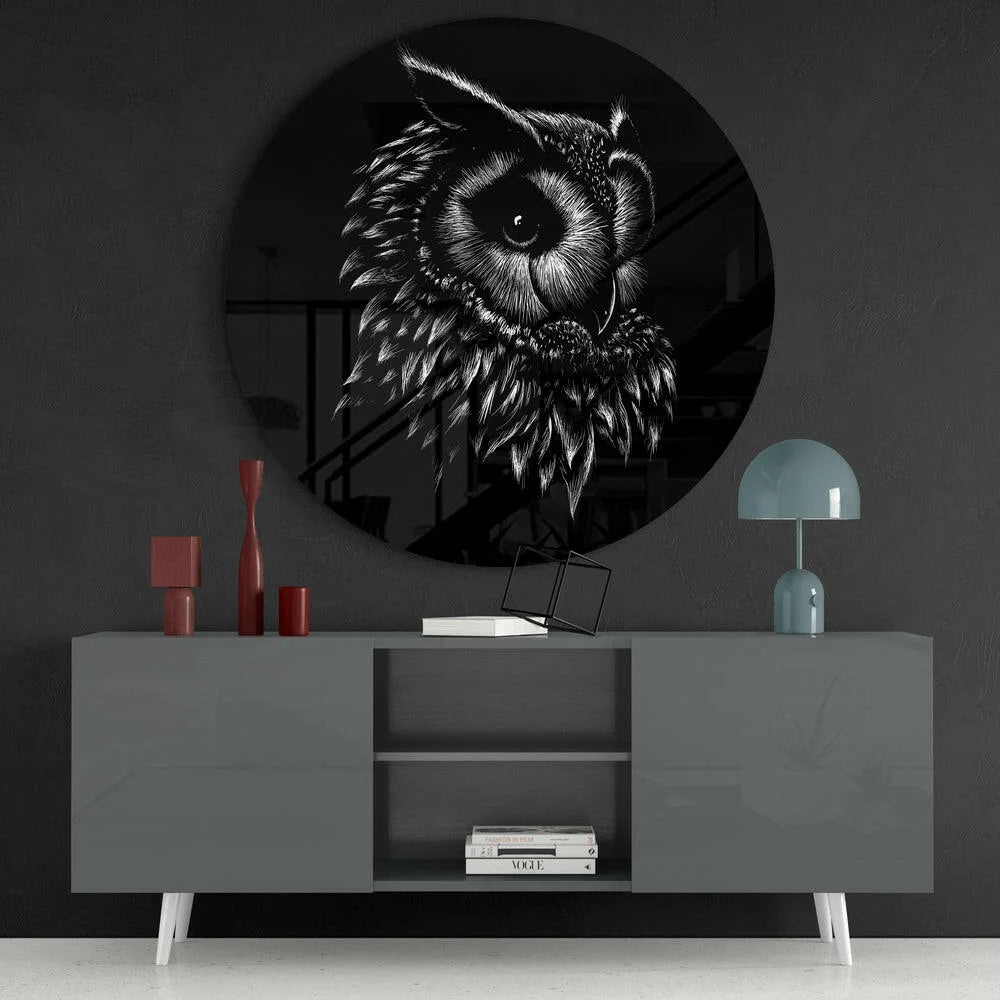 Black circular tempered glass art clock with white owl in vibrant colors