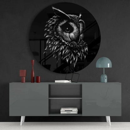 Black circular tempered glass art clock with white owl in vibrant colors