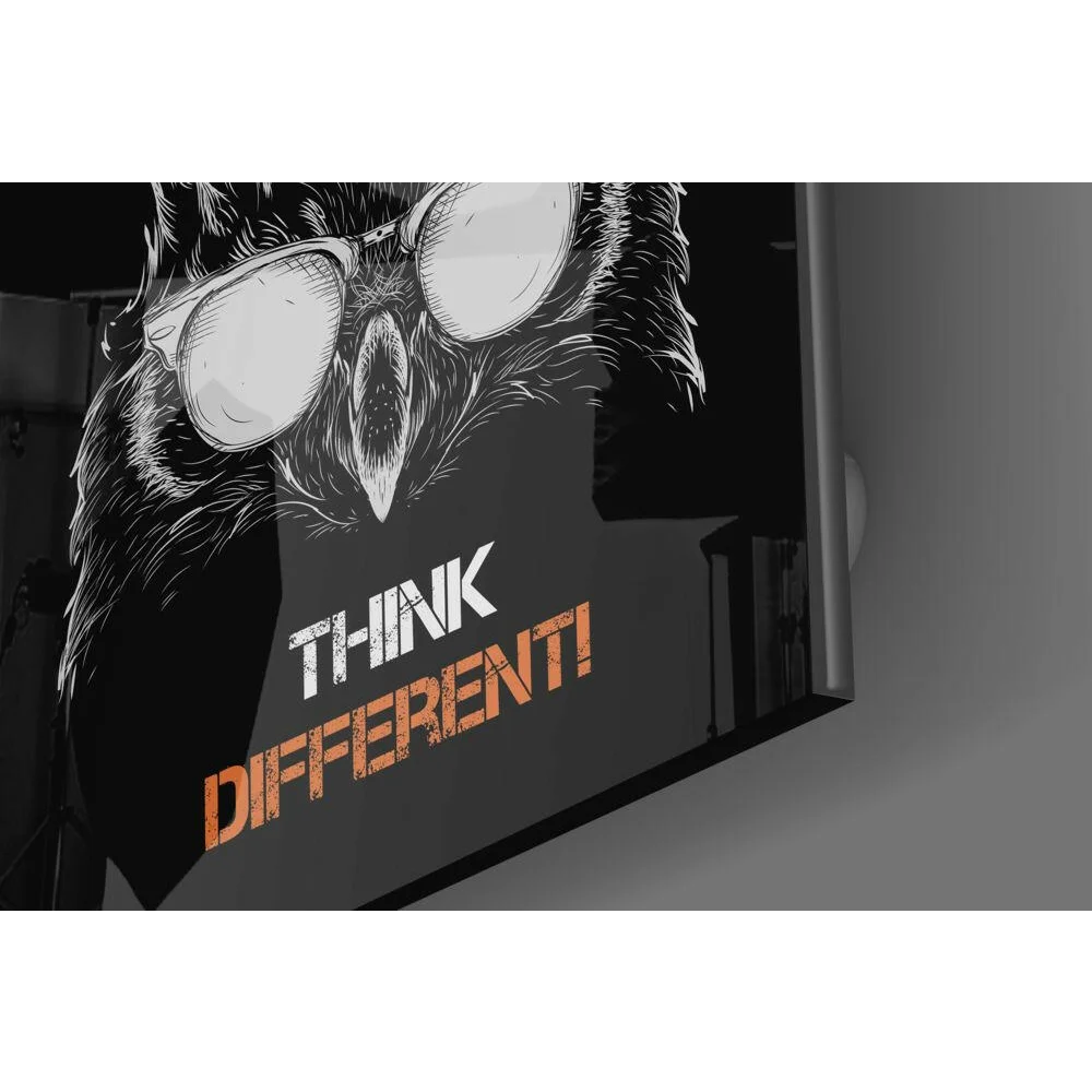 Stylized owl in glasses on black orange think different glass wall art