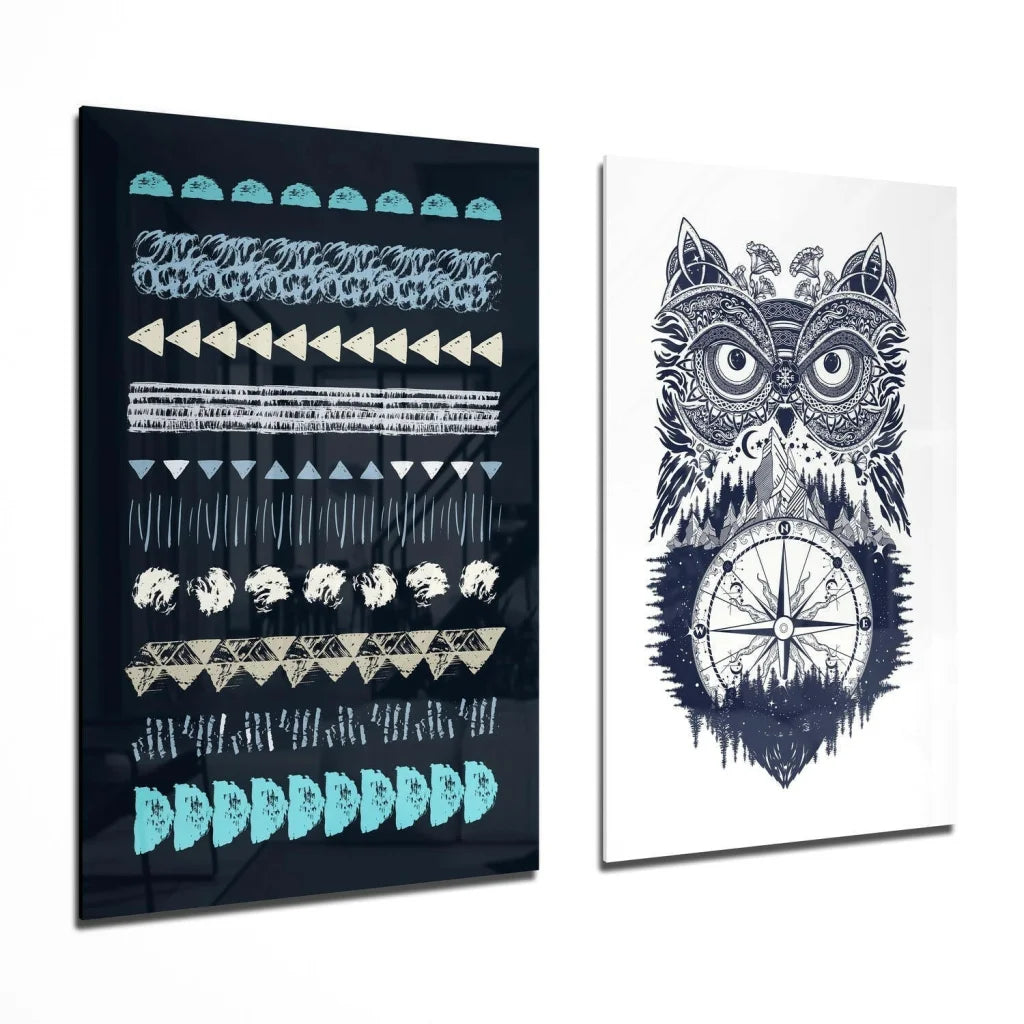 Stunning black and white owl glass wall art with geometric patterns and compass