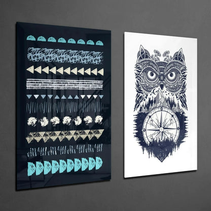 Stunning Owl Glass Wall Art with Geometric Patterns | Glass Wall Art Print | vintageantiquesgifts.com