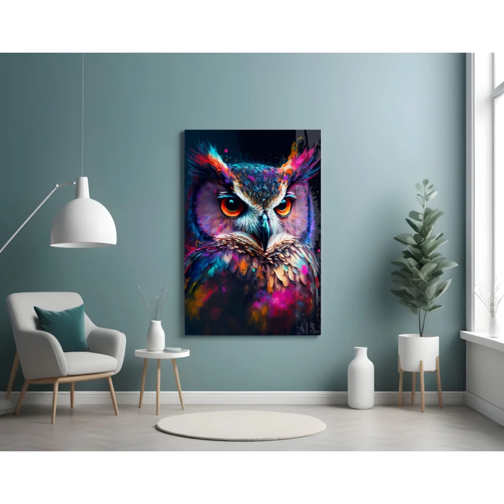 Vibrant glowing owl glass wall art with iridescent neon feathers