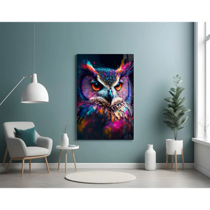 Vibrant glowing owl glass wall art with iridescent neon feathers