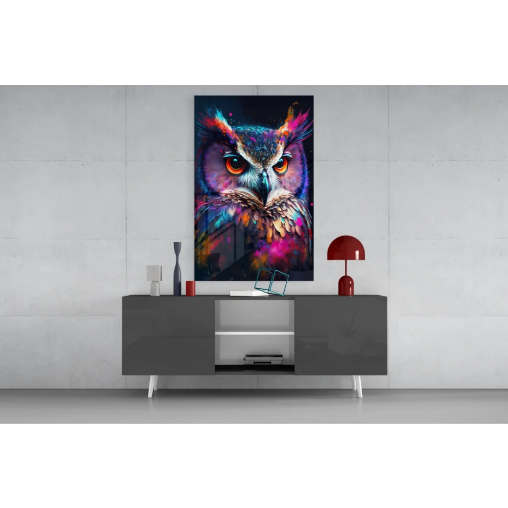 Vibrant glowing owl glass wall art with fiery orange eyes and neon multicolored feathers