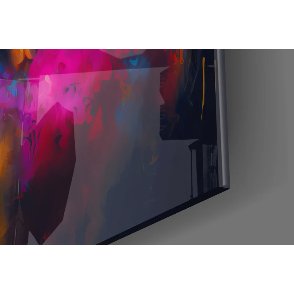 Glowing Owl glass wall art with vibrant neon pink and purple hues