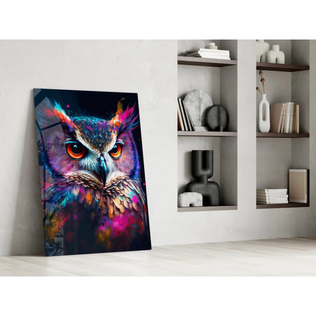 Vibrant glowing owl glass wall art with neon purple, blue, pink, gold feathers