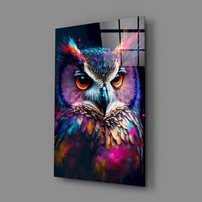 Vibrant glowing owl glass wall art with neon multicolored feathers