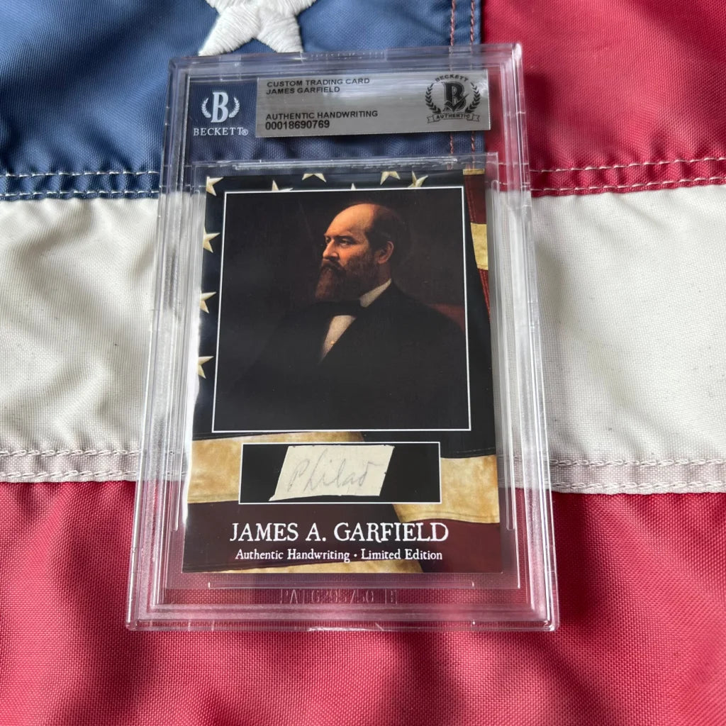 Beckett certified custom trading card featuring an encapsulated word and authentic piece of garfields handwriting