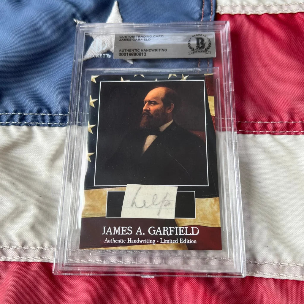 This custom trading card features james a and offers an authentic piece of garfields handwriting history