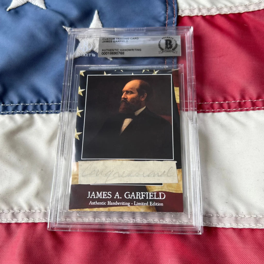 Framed limited edition custom trading card featuring james a with garfield’s handwriting encapsulated word authentic piece