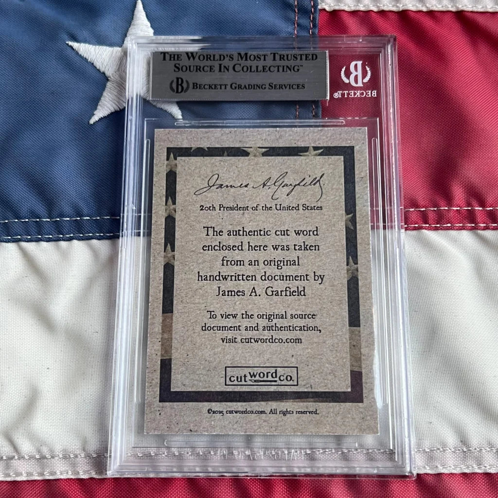2018 Beckett graded James A. authentic piece, encapsulated word from Garfield handwriting history