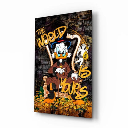 Scrooge McDuck graffiti wall art canvas print with gold coins throne