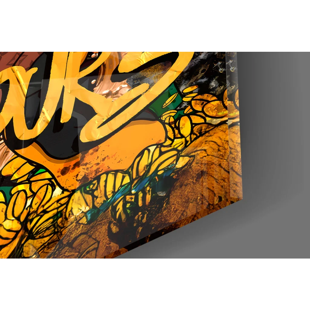 Vibrant Scrooge McDuck graffiti glass wall art with bold yellow orange lettering