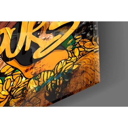 Vibrant Scrooge McDuck graffiti glass wall art with bold yellow orange lettering