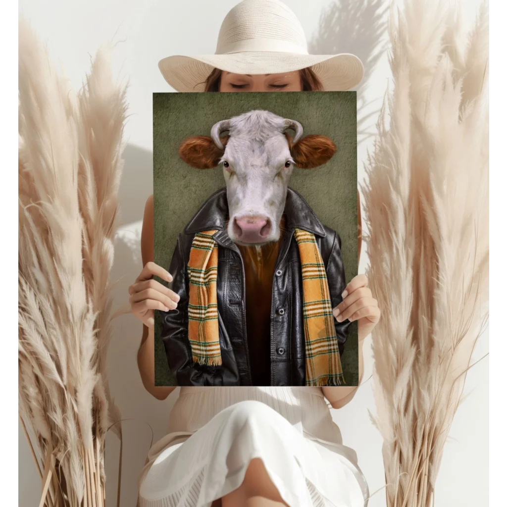 Stylish cow in leather jacket on insigne aluminum print