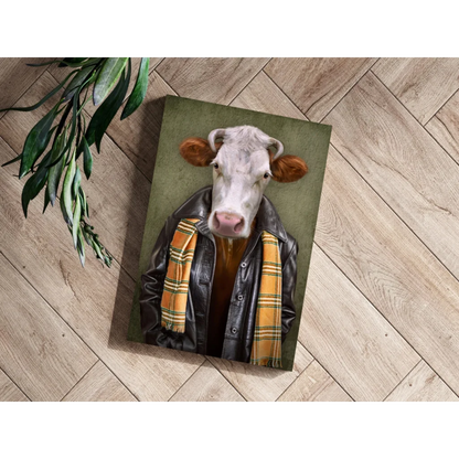 Stylish white cow in leather jacket on insigne aluminum prints