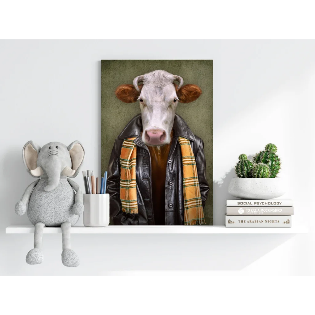 Stylish cow in leather jacket on insigne aluminum prints