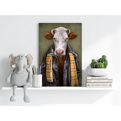 Stylish cow in leather jacket on insigne aluminum prints
