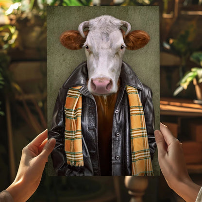 Stylish white cow in leather jacket on insigne aluminum print