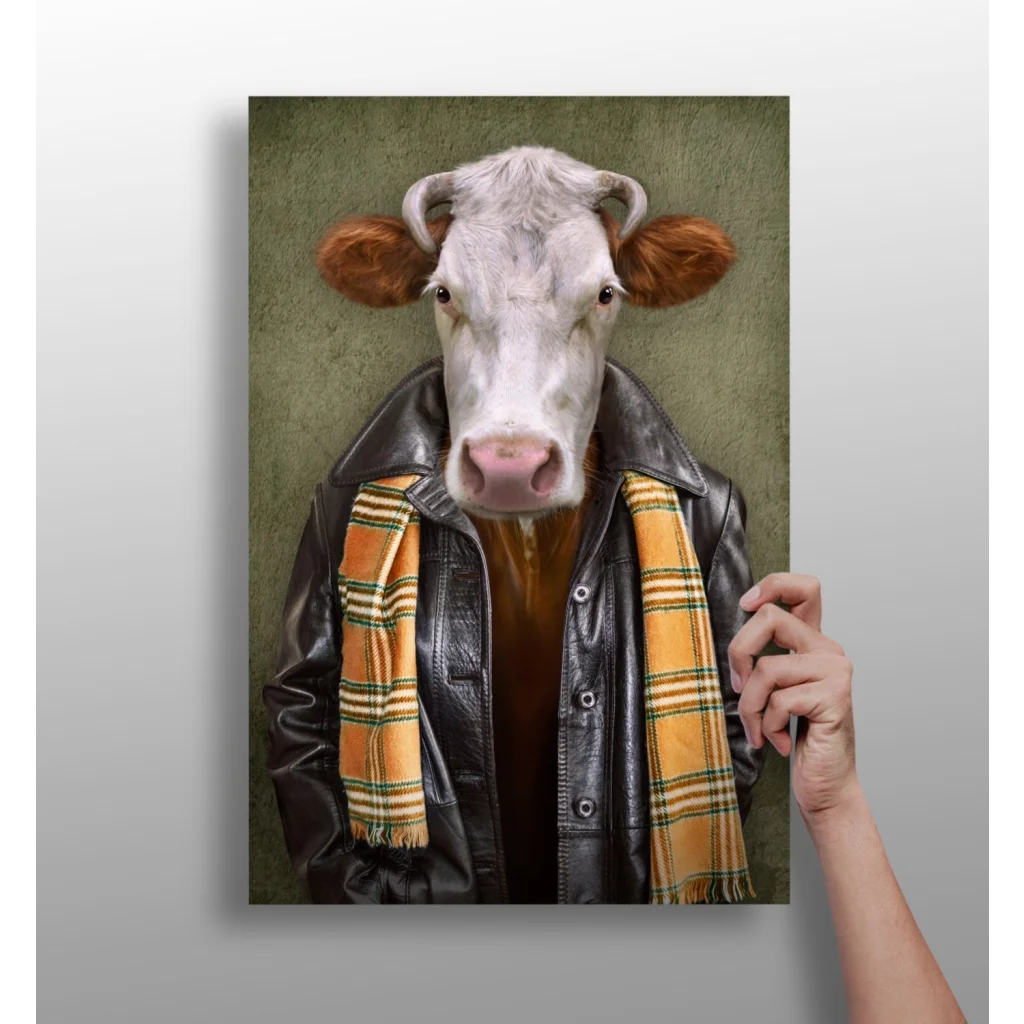 Stylish cow in leather jacket on insigne aluminum print