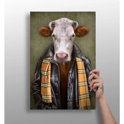 Stylish cow in leather jacket on insigne aluminum print