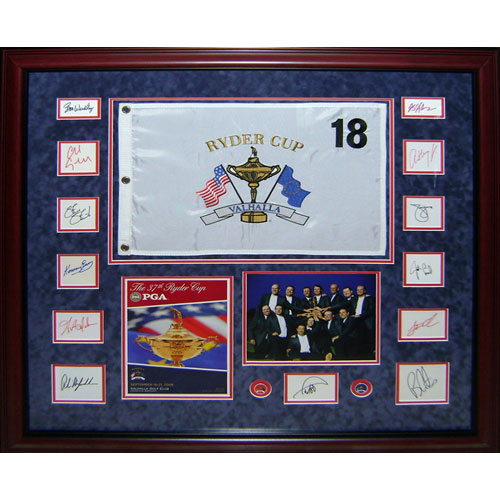 2008 Ryder Cup Team USA Signed Deluxe Framed Piece with Flag, Program, Photo - Azinger and 12 Team Member Signatures