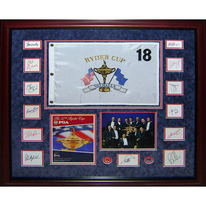 2008 Ryder Cup Team USA Signed Deluxe Framed Piece with Flag, Program, Photo - Azinger and 12 Team Member Signatures
