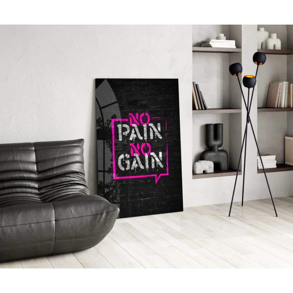 Black canvas no pain no gain speech bubble wall art print