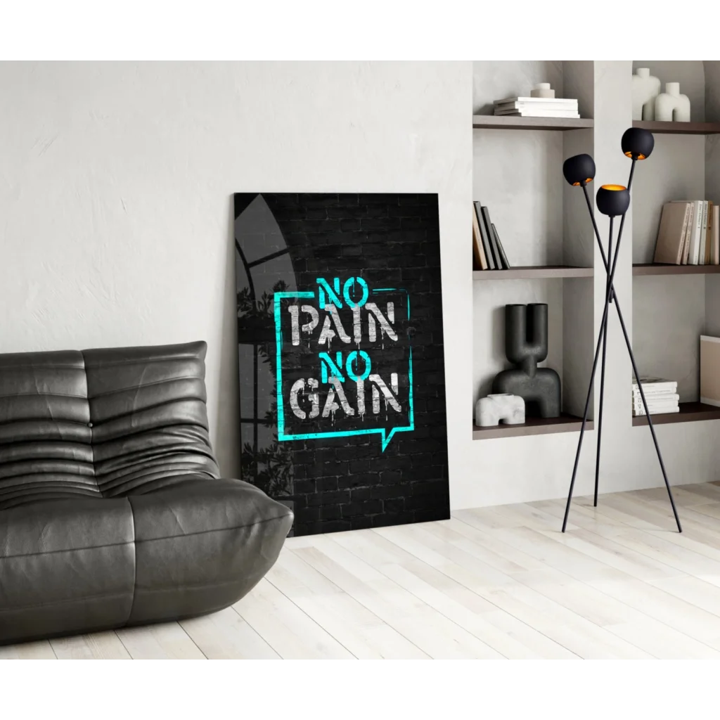 Teal neon no pain no gain glass wall art speech bubble on black canvas